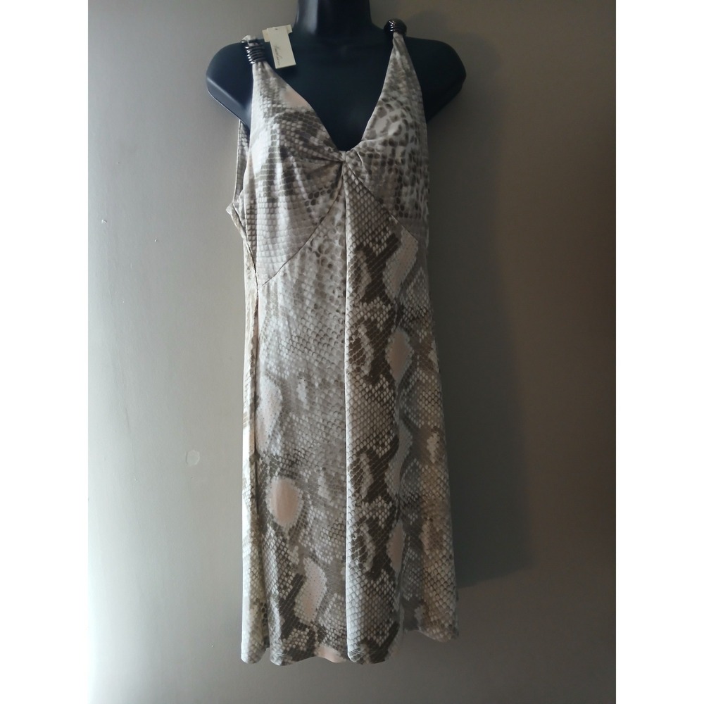 Snakeskin Python Print‎ V-Neck Knot Front Sheath Dress Neutral NEW